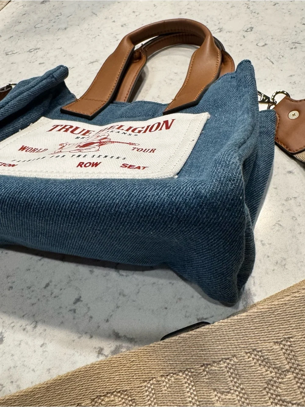 True Religion Blue Denim Mini Messenger with Brown Trim